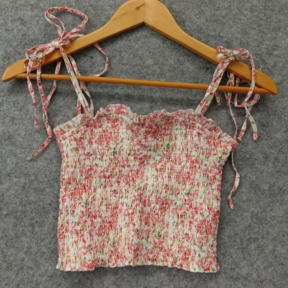 Y2K Coquette Crop Top Women S Pink Floral Smocked Tie Strap Soft Gir KATIE J NYC